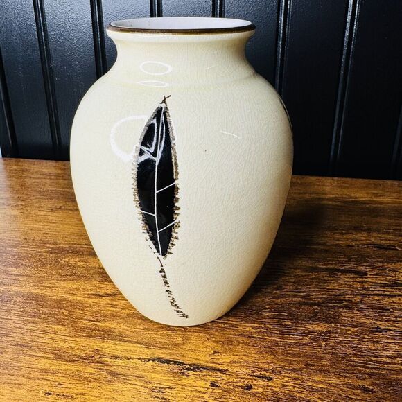 Vintage Antique Italian Vase Italy Textured Off White Black Leaves MCM - Picture 5 of 8